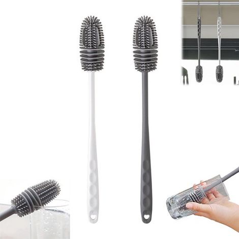 Lot de 2 goupillons en silicone pour biberons - Goupillon long avec manche et trou de suspension - 28 cm - gris et blanc - Convient pour verres, bouteilles d'eau, biberons et thermos. (1/5)