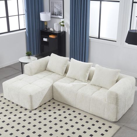 Canapé l 3 places beige en chenille avec méridienne, coussins, accoudoirs et poches de rangement (1/5)