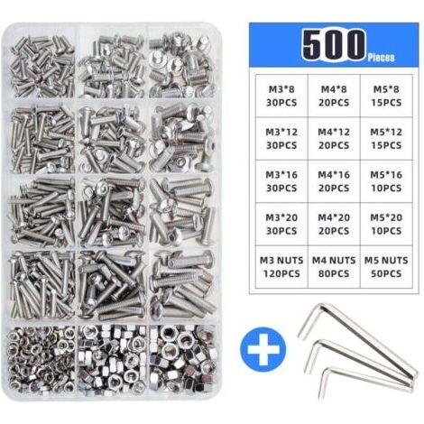 Set de 500 boulons en acier inoxydable M3 M4 M5 – Tête ronde et hexagonale – Résistance à la traction jusqu'à 800 MPa – Pour assemblage mécanique - m3m4m5