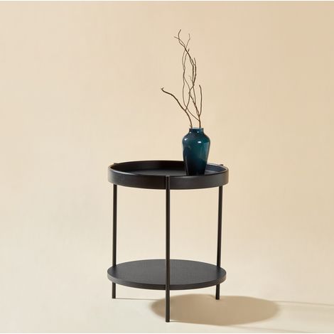 Table basse ronde 69x38 cm noire en bois massif et MDF avec 2 niveaux et structure en métal (1/5)