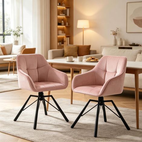 Chaise de salle à manger pivotante avec accoudoirs, velours rose, structure métal, lot de 2 (1/5)