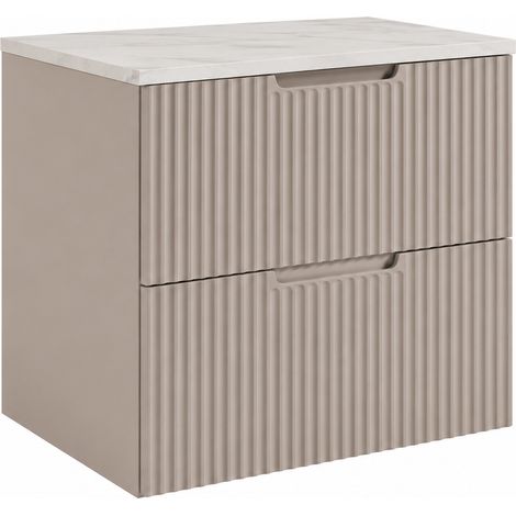 Meuble de salle de bain suspendu 60 cm à tiroirs, coloris cachemire + plan de travail marbre Bianco, avec poignées, 60 x 46 x 58,6 cm (1/5)