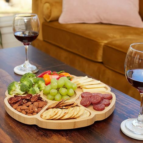 Plateau de rangement tournant en bambou naturel, 6 compartiments de rangement modulable, plateau multifonction pour fruits, noix et apéritif, dimension 24,5 x 24,5 x 1,7 cm, design élégant pour salon 