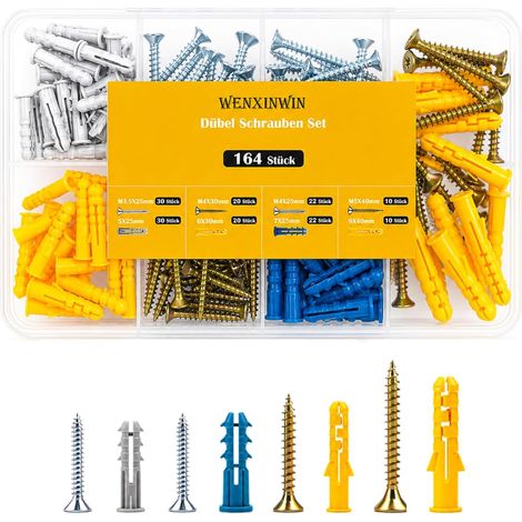 Lot de 164 chevilles de plâtre avec vis pour cloison sèche de différentes tailles, chevilles pour fixation dans le béton, la brique, la pierre, le plâtre (1/5)