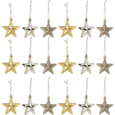 18 étoiles chics à cinq branches pour sapin de Noël, décorations à suspendre-7x7cm-Golden (1/2)
