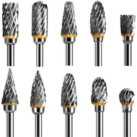 Jeu de Fraises Rotatives Acier Carbure de Tungstène Double Tranchant pour Outil rotatif, 10 pièces Tige 1/8” pour Outil Rotatif pour Bricolage, Sculpture sur bois, Polissage métaux, Gravure, Perçage (1/5)