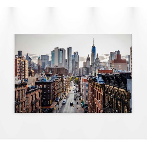 Tableau paysage rues de Brooklyn | Tableau sur toile grande ville idéal pour entrée | Tableau New York bleu et marron tendance 0,9 x 0,6 m (1/5)