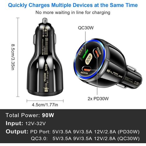 90-W-USB-C-Zigarettenanzünder, PD-QC-Schnelllade-Kfz-Ladegerät mit 30 W für iPhone, Tablet, Samsung Galaxy, Huawei, Xiaomi (1/4)
