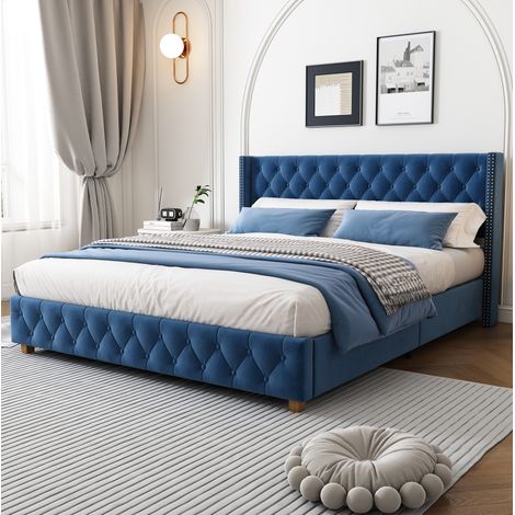 Cama tapizada de terciopelo azul 160x200 cm con cabecero y somier de láminas (1/5)