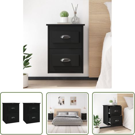 The Living Store Wand-Nachttische 2 Stk. Schwarz 41,5x36x53 cm - Schwarze Nachttische - Wandhängender Nachttisch - Holzwerkstoff Möbel - Wohnzimmer Dekoration - Schrank Mit Schubladen (1/5)