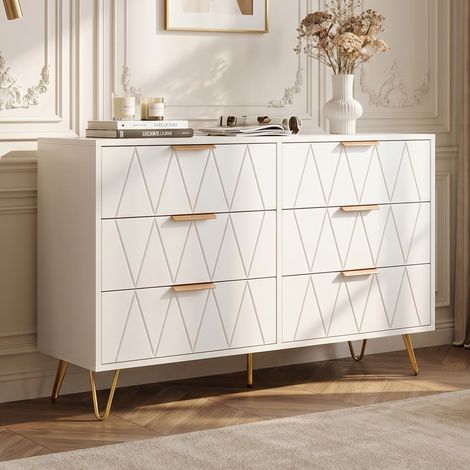 Commode avec 6 Tiroirs, commode en losange plaqué blanc, buffet, pieds dorés,design élégant,salon,chambre,100x34x72,5 cm