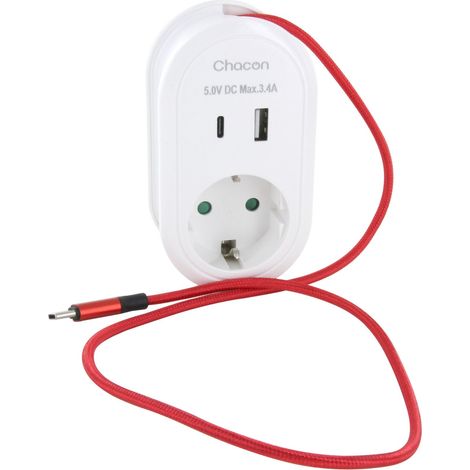 Adaptateur compact Schuko 16A + ports USB-A/C - Chacon