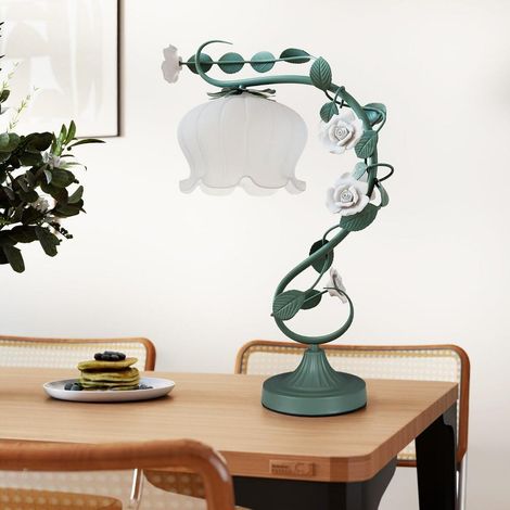 Lampe de chevet avec abat-jour en verre en forme de bouquet de muguet, 6 roses et feuilles en céramique, style rétro, douille E27 av (1/5)