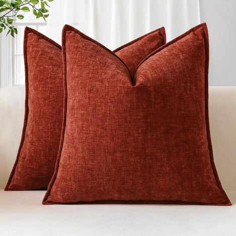 Lot de 2 housses de coussin 45x45 cm en chenille douce, couleur rouille, avec bordures cousues (1/5)