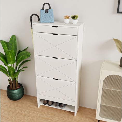Scarpiera in MDF bianco con 2 livelli e cassetto superiore estraibile (1/5)