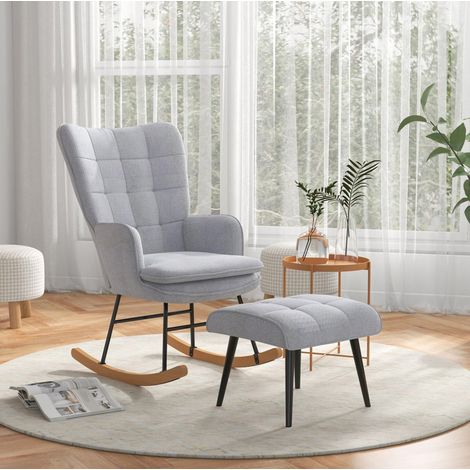 Silla mecedora con reposapiés de poliéster gris claro, 64 x 89 x 90 cm (1/5)