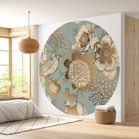 Papier peint rond / cercle - Fleurs Oiseau - Diamètre 50 cm (1/4)