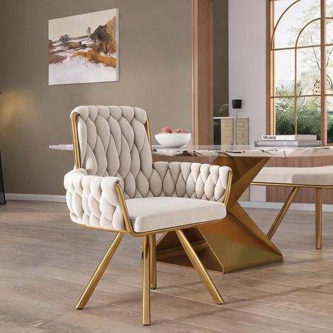 Lot de 4 chaises pivotantes en velours beige avec accoudoirs (1/5)