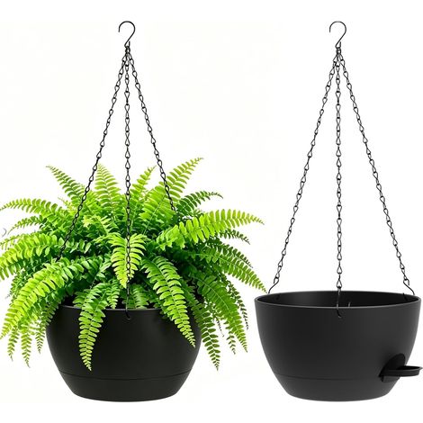 25cm Pot de Fleur Suspendu Auto arrosants, Lot de 2, Noir Jardinières Suspendues pour Intérieur Extérieur avec Drainage et Réservoir Amovible, Suspension Plante pour Balcon, Salon (1/5)