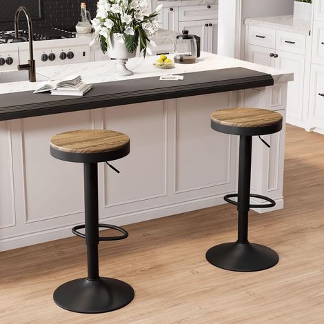 Tabouret de Bar en Bois Lot de 2, Hauteur Réglable et Pivotant 360° avec Repose-Pied, Chaise Haute pour Bar, Cuisine, Salle à Manger, Montage Facile, Noir (1/5)