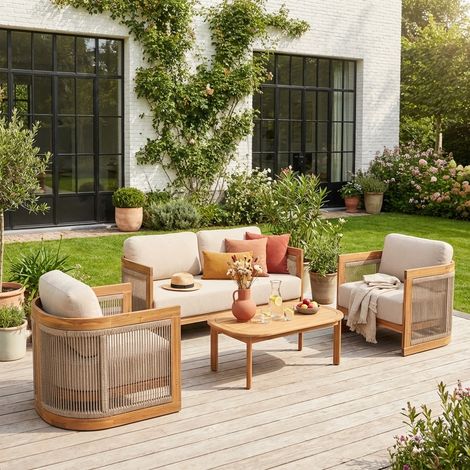 Salon de jardin bois d'acacia et cordes 4 places - Maui Naturel / Beige