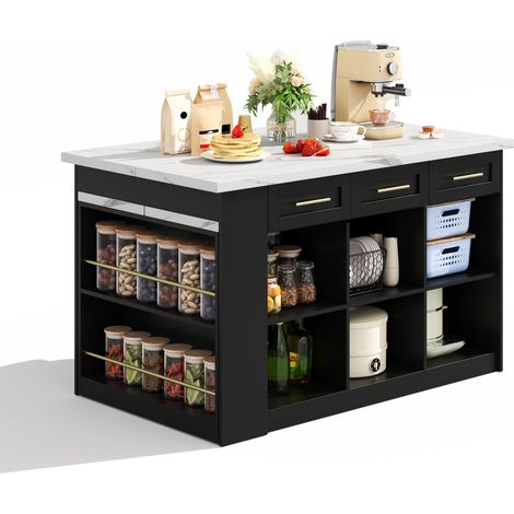 Isola cucina multifunzione nera con tavolo estraibile e piano effetto marmo bianco 150 x 90 x 90 cm (1/5)