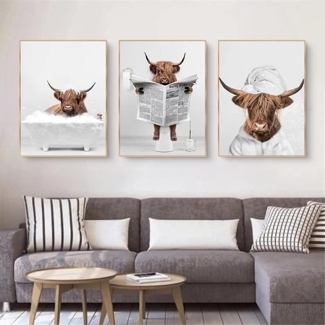 3-teiliges Premium Poster Set Hochland Kuh Leinwand Kunst Nordisches Badezimmer (1/5)