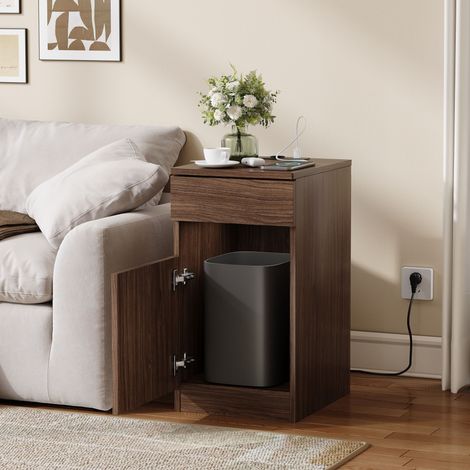 Mesita de noche con 1 cajón, estación de carga USB-A USB-C y enchufe, cubo de basura incluido, MDF marrón, 33×40×61.5 cm (1/5)
