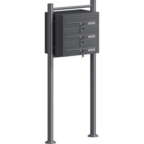 Wiltec 3er Briefkastenanlage Anthrazit 556 x 270 x 1200 mm, Standbriefkasten mit 3 Fächern, Schlüssel und Namensschild, Briefkasten Postkasten mit Ständer