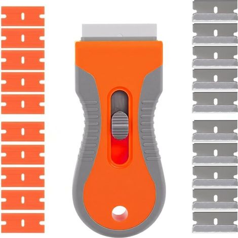 Grattoir pour plaque vitrocéramique, peinture pour vitres, plancha multifonction orange avec lame remplaçable et 10 lames en plastique, 10 lames métalliques pour nettoyer les autocollants de cuisine, (1/5)