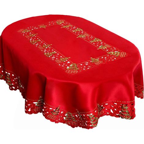 Nappe de Noël Ovale en Satin Rouge brodée, Motif Sapin de Noël, 57 x 83 Pouces, pour Table Centrale (1/3)