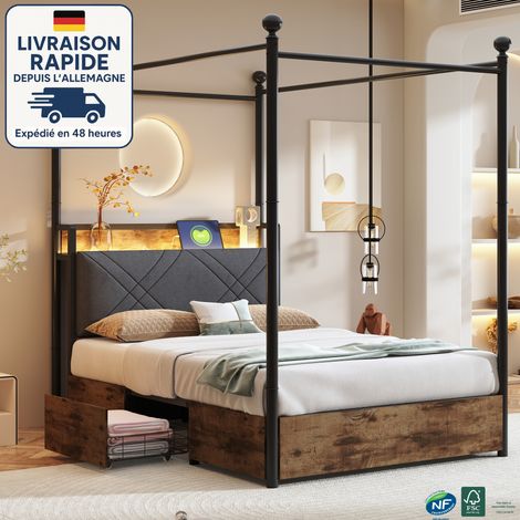 Cama con cajones 90x190 - Cama 90x190 - Barandillas de cama desmontables / LED integrado y puerto de carga - 2 cajones - Estilo industrial - Negro (1/5)