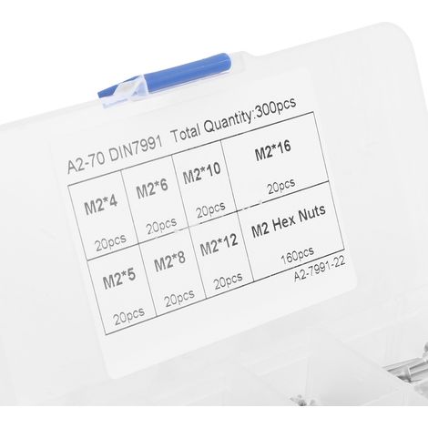 Kit de 300 vis à tête fraisée et écrous M2 en acier inoxydable, assortiment de boulonnerie hexagonale