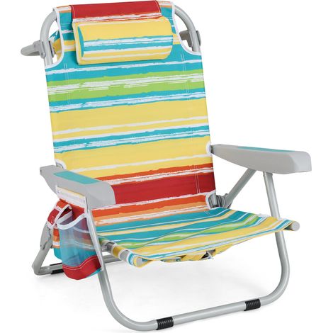 Chaise de plage multicolore pliable avec dossier réglable 5 positions, porte-gobelet et poches, pour plage, jardin et piscine (1/5)