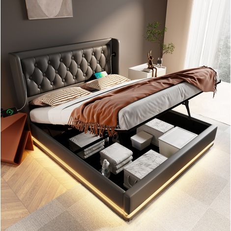 FLORAGRACE Lit coffre 180x200 cm en PU noir avec LED 3 côtés, USB-C, tête de lit capitonnée (1/5)