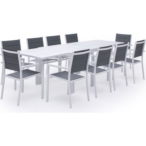 Happy Garden – Ensemble table et chaise de jardin extensible 10 places – Structure aluminium blanche – Textilène gris rembourré – Chaises empilables
