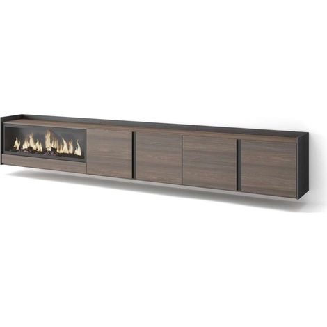 Mueble TV Ardales-02 de 315x50x35 cm con chimenea y luces LED, suspendido, color roble oscuro y negro (1/4)