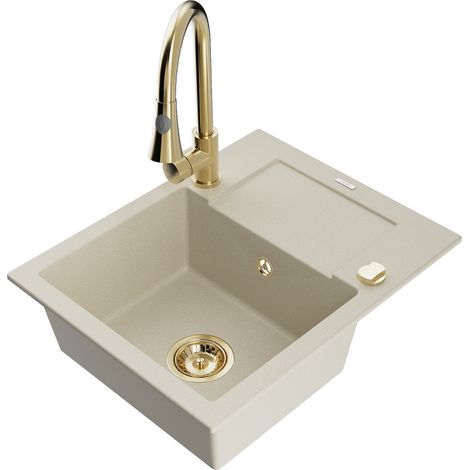 Mexen Enzo lavello in granito a 1 vasca con scolapiatti e rubinetto da cucina Elia, beige - 6506-69-670101-50 (1/5)