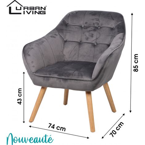 Fauteuil OLY velours - Pieds en bois - Gris foncé - L 74 x P 70 x H 85 cm - Livraison gratuite