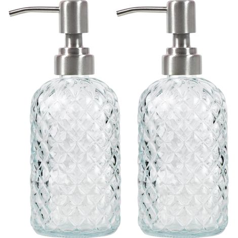Lot de 2 - Distributeur de savon - Verre transparent - Pompe acier inoxydable 304 antirouille - Pour salle de bain et cuisine - Transparent - 18,5x7,1cm (1/4)