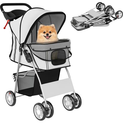 Pliant chariot pour chien gris avec roues pivotantes, freins, coussin lavable et bandes réfléchissantes