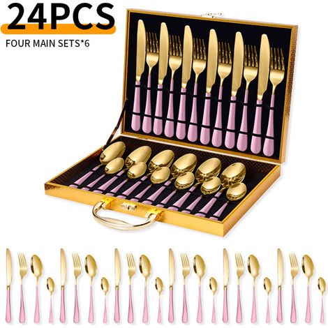 Service de 24 couverts en acier inoxydable pour 6 personnes – avec coffret – rose et or –