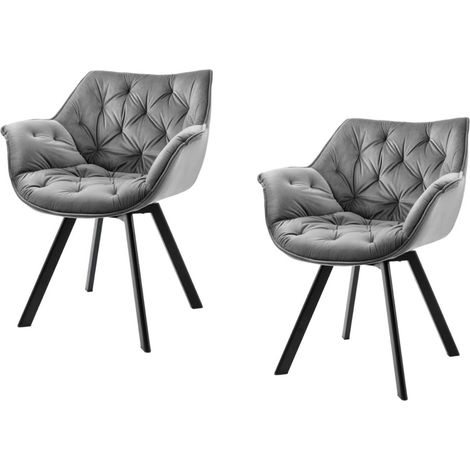 Lote de 2 sillas de diseño COMFY giratorias 180° en terciopelo gris capitonado y patas negras (1/5)