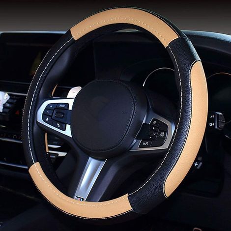 Couvre volants Voiture Caches de Volant,Couvre volant en cuir souple sport courbes courbes respirant anti-dérapant(Noir-Beige)-Fei Yu (1/3)