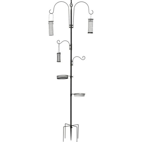 Set di mangiatoia per uccelli in acciaio, alta 208 cm, comprende 4 ganci, vaschetta per il bagno, ciotola per il cibo, palo di alimentazione completo e mangiatoia colore nero montaggio in loco. (1/5)