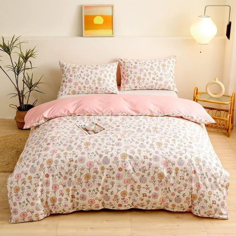 Bettwäsche 200x200 cm Blumen Beige Rosa Mikrofaser Wendebettwäsche 3-teilig mit Reißverschluss
