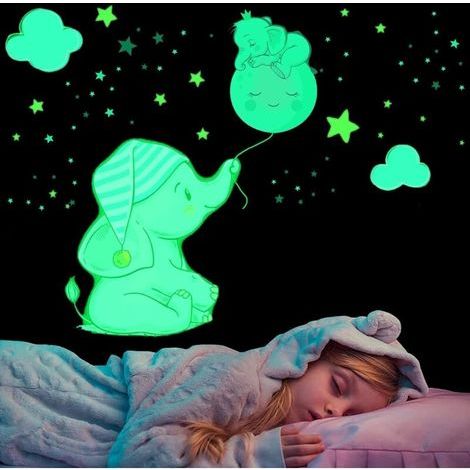 Stickers Mural Éléphant Lumineux, Autocollant Mural Lune Étoile Fluorescent, Lumineuses Wall Stickers, Phosphorescentes Stickers Muraux Amovible, Cadeau pour D'enfants Garçons Fille Chambre DIY Décor (1/4)