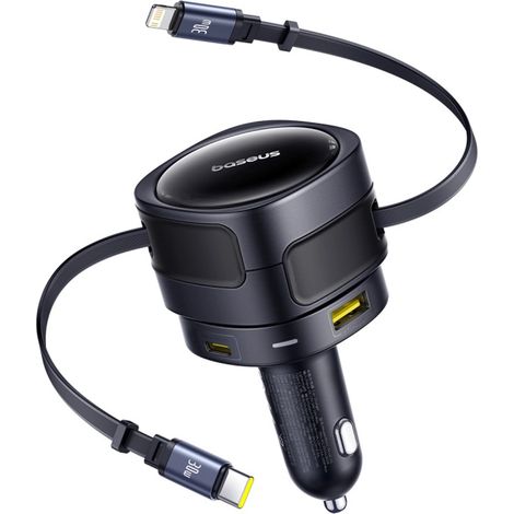 Cargador de coche Baseus Enjoyment Max de 90 W con 2 puertos USB-C + cable USB-C y Lightning - Negro (1/5)