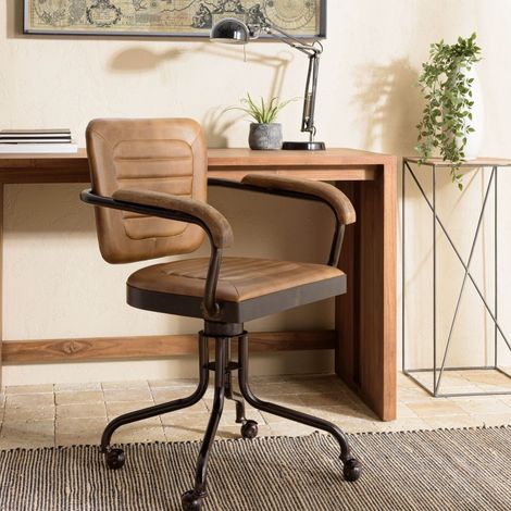 MARCEL - Fauteuil roulettes assise cuir accoudoirs en bois de manguier (1/5)