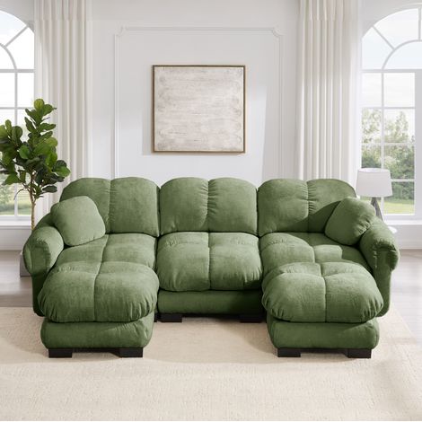 Canapé modulable U 3 places vert en chenille avec ottomane mobile, coussins amovibles et coutures capitonnées (1/5)